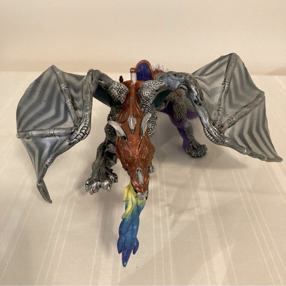 Papo 2007 Silver Fire Breathing Drago w/Bronze Armor Blue Flame Includes sword - Picture 1 of 9